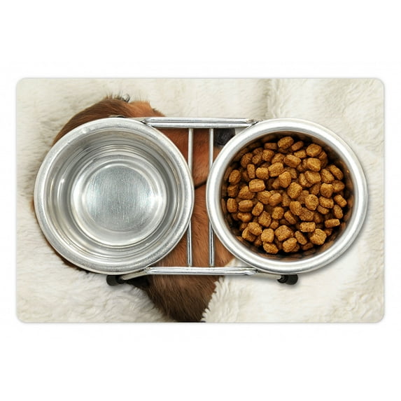 Dachshund Pet Mat for Food and Water, Photo of Puppy Sleeping in Its Bed, Non-Slip Rubber Mat for Dogs and Cats, 18" X 12", by Ambesonne