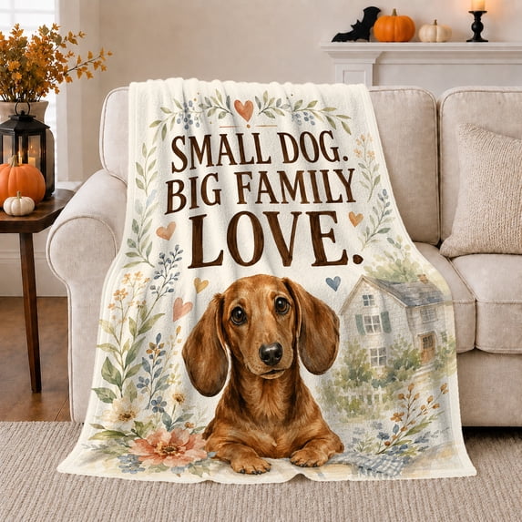 Dachshund Portrait Family Love Illustration Watercolor, Playful Pet Portrait Pattern, Warm Flannel Blanket for Living Room and Bedroom, Dog Moms Mother's Day Gift, Pet Lover Home Decor