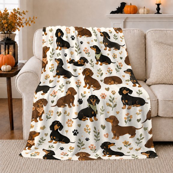 Dachshund Portrait Geometric Puppy Artwork Playful Graphic Style Dog Lovers Colorful Pet Portrait Warm Flannel Blanket, Pet Adoption Gift for Living Room and Bedroom Home Decor