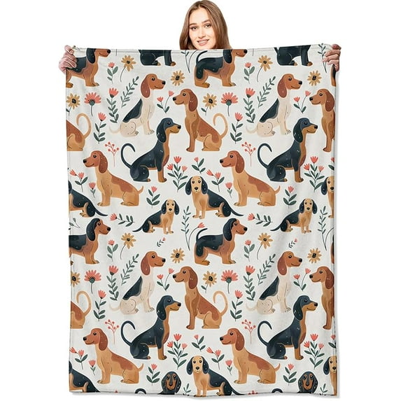 Dachshund Pup Blanket Cute Dog and Floral Flower Throw Blankets,Birthday Gifts for Kids & Pet Lovers,Lightweight Soft Fleece for Sofa Couch Bed Room Travel Farmhouse Decor 60x80in