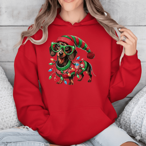 Dachshund Pup In Holiday Hat Cozy Christmas Pet Lover Seasonal Hoodie Shirt, up to size 5XL