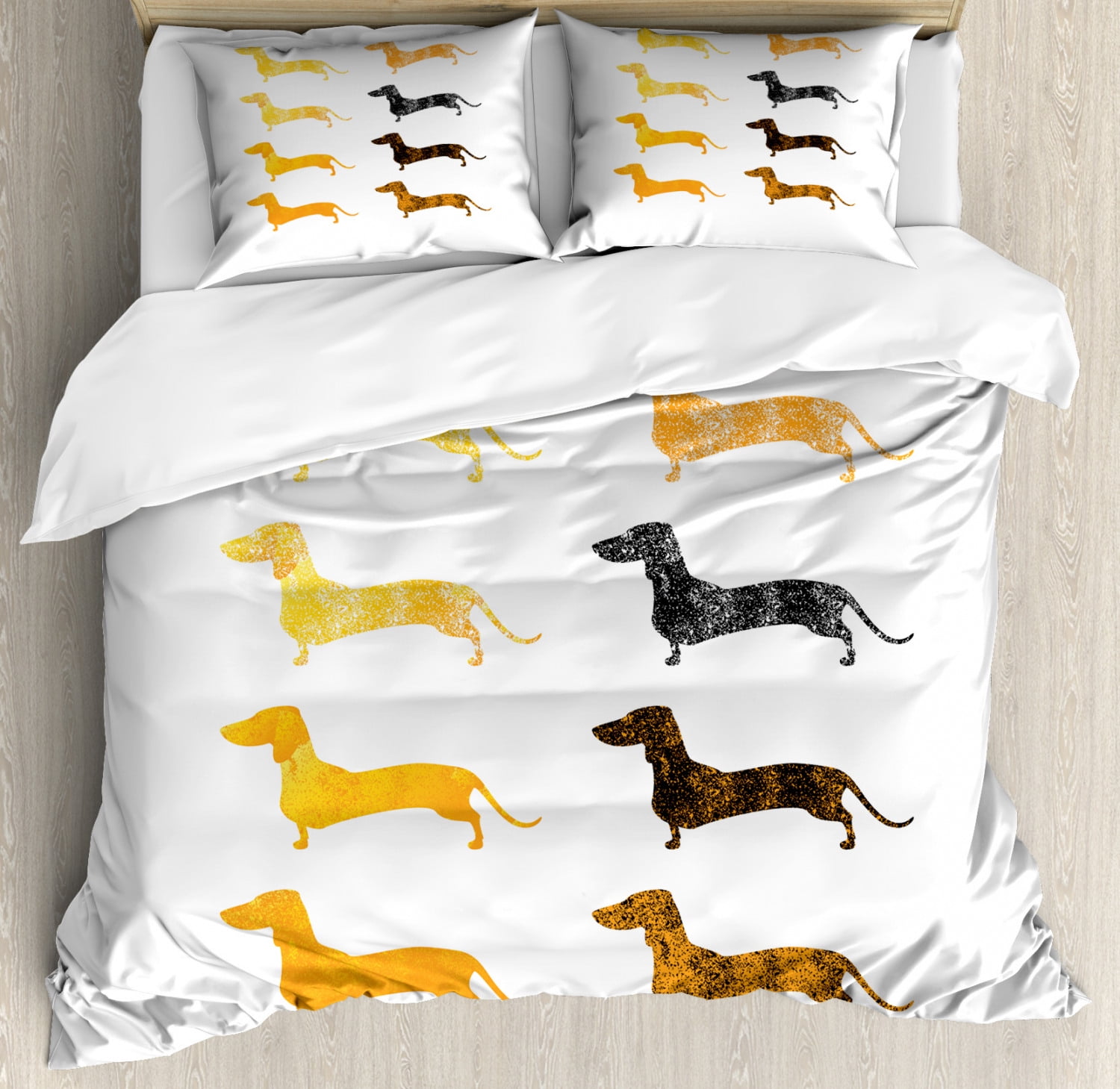 Dachshund Queen Size Duvet Cover Set, Vintage Dog Silhouettes with a