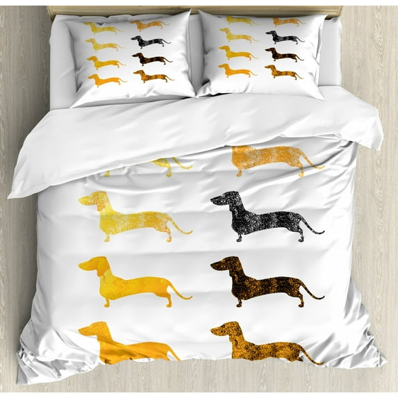 Dachshund Queen Size Duvet Cover Set, Vintage Dog Silhouettes with a Grunge Theme Domestic Pets Pattern, Decorative 3 Piece Bedding Set with 2 Pillow Shams, Marigold Black Orange, by Ambesonne