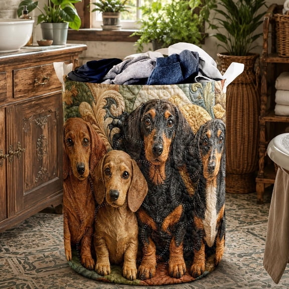 Dachshund Quilted Laundry Basket, Cute Sausage Dog Hamper, Dog Lover Laundry Bin, Vintage Pet Storage Basket
