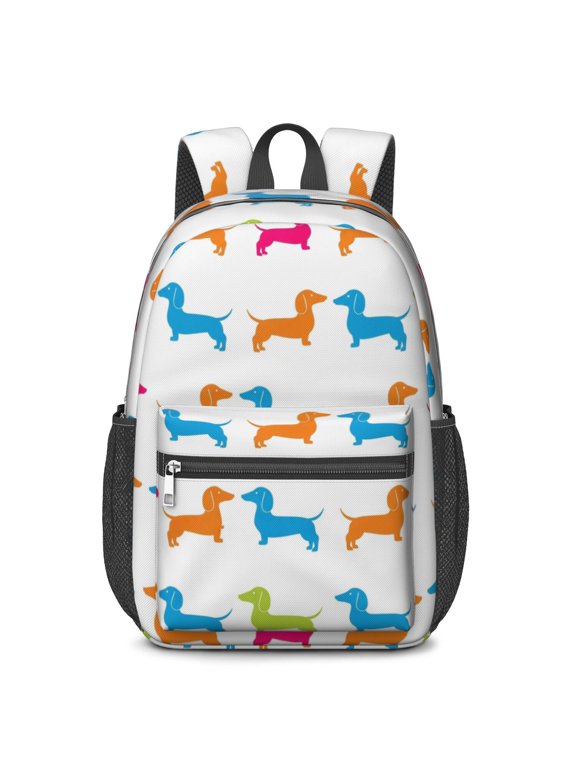 Dachshund Rainbow White Pattern 17" School Backpacks for Teens,Waterproof Oxford Fabric,S-Shape Padded Straps for School,Travel,Hiking,Camping