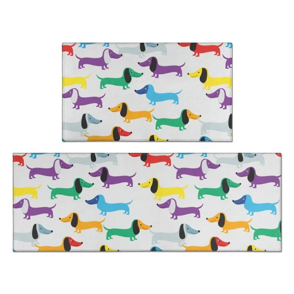 Dachshund Rainbow White Pattern Anti Fatigue Kitchen Rugs Set Of 2, Non Slip Washable Decorative Floor Mats for Kitchen Sink Laundry, 17"x30" and 17"x47"