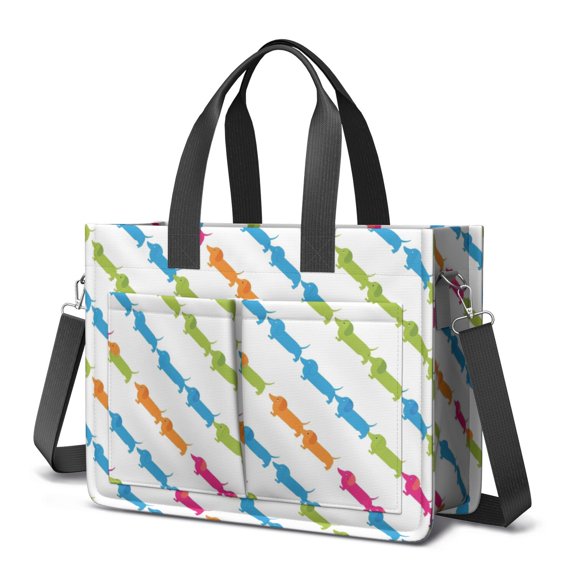 Dachshund Rainbow White Pattern Canvas Messenger Tote Bag, Work Tote with Multi Pockets & Removable Strap, Magnetic Closure Gifts for Work Travel Shopping