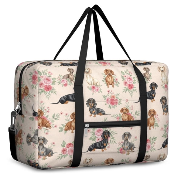 The Weeken Design Dachshund and Rose Beige Pattern Foldable Travel Duffel Bag, Weekend ...