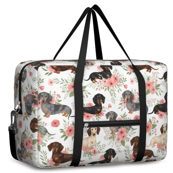 Rosos Design Dachshund and Rose White Pattern Foldable Travel Duffel Bag, Foldable ...