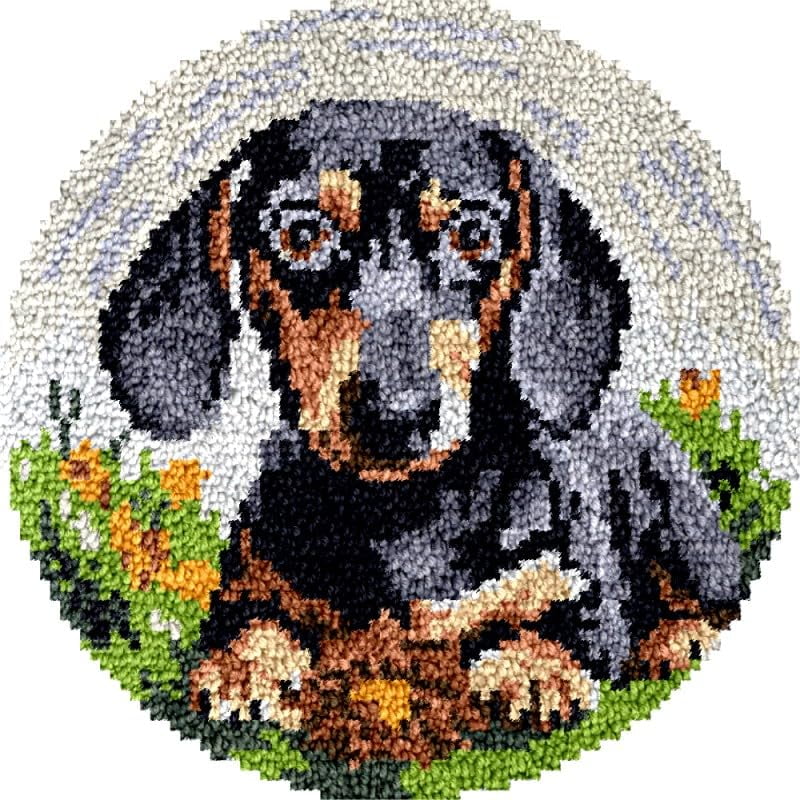 Dachshund Round Shape Latch Hook Rug Kits Set for Starter Crochet Hook Cushion Mat Sofa Seat Cushion Crocheting Kits with Preprinted Canvas Crochet Yarn Kits 50X50CM (fi7)