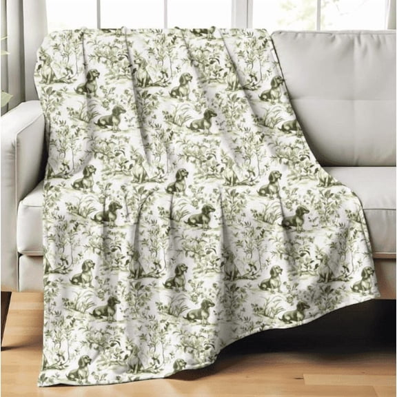 Dachshund Sage Green French Toile Blanket, Toile Throw Blanket for Doxie Lovers, Sausage Dog Blanket Toile de Jouy Gift Dog Cozy Blanket