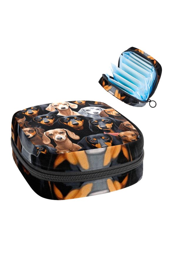 Dachshund Sanitary Napkin Bag Period Purse Small Travel Bag for Men Women Travel Makeup Pouch, 4.7x6.6x6.6 in, Plush Fabric Oxford Cloth Sponge Storage Case for Menstrual Hygiene Products