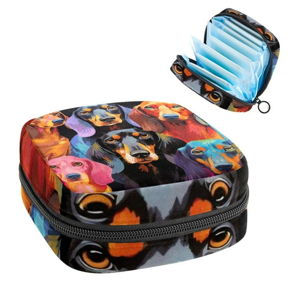 Dachshund Sanitary Napkin Bag Pouch with Zipper, Period Purse Large Pouch with Zipper for Women, Velvet, Sponge, Oxford Cloth Material
