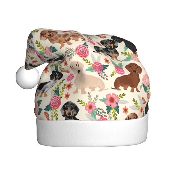 Dachshund Sausage Dog Flowers Print Christmas Decorative Hat Funny Warm Holiday Party Plush Santa Cap For Woman Man