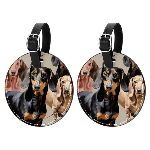 Dachshund Set of 2pcs PU Leather Round Suitcase Tags with Privacy Cover and Name ID Tag - Ideal for Travel Luggage, Handbags, Backpacks, School Bags