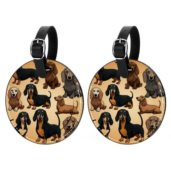 Dachshund Set of 2pcs PU Leather Round Suitcase Tags with Privacy Cover and Name ID Tag - Ideal for Travel Luggage, Handbags, Backpacks, School Bags