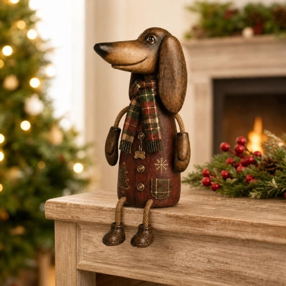 Dachshund Shelf Sitter Vintage Christmas Rustic Dog Figurine Mantel Table Edge Ornament Statue Craft Gift for Home Office Bookshelf Decor