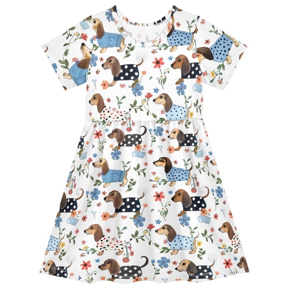 Dachshund Short Sleeve Dress A-Line Cute Midi Casual Sundress 2-8 Years