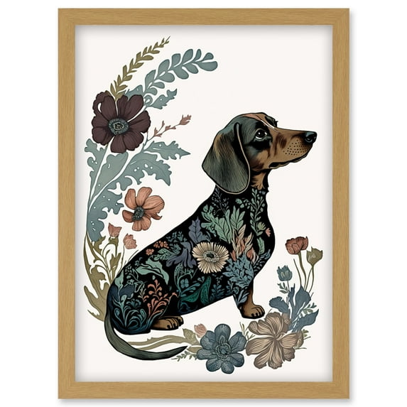 Dachshund Shorthaired Dog with Floral Patterns Colourful Modern Illustration Artwork Framed Wall Art Print A4