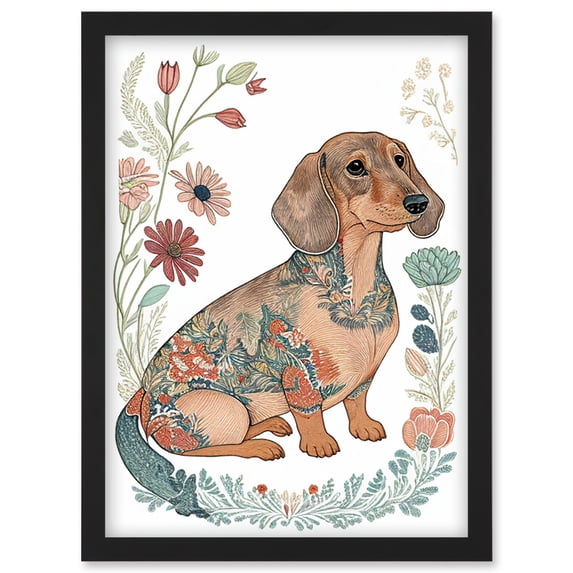 Dachshund Shorthaired Dog with Ornate Floral Patterns Colourful Colour Pencil Illustration Artwork Framed Wall Art Print A4