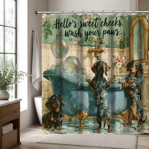 Dachshund Shower Curtain, Funny Dogs in Bathtub Bathroom Decor, Wash Your Paws Pet Lover Bath Curtain, Vintage Farmhouse Dog Bathroom Accessories, 70.87 x 70.87 Inch