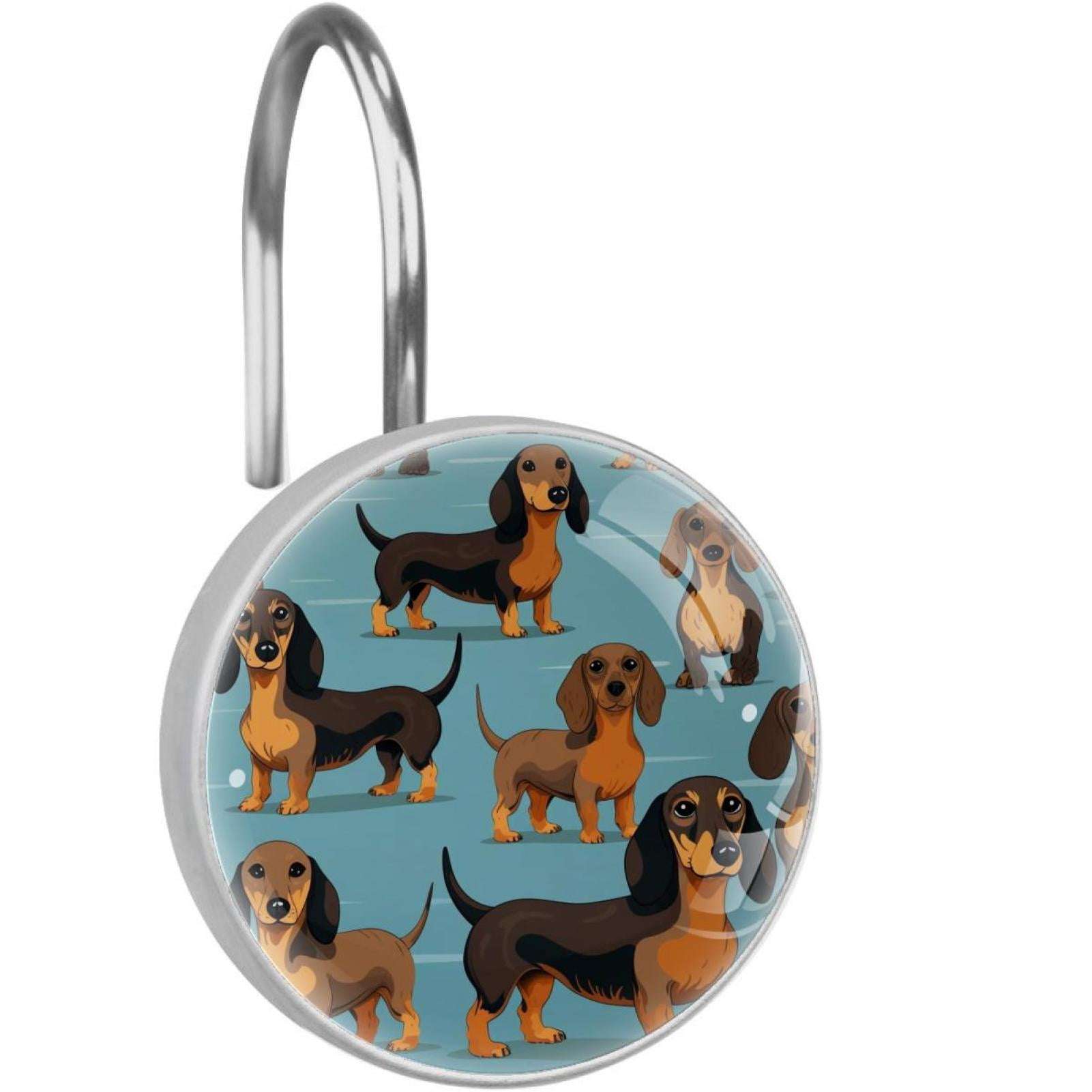 Dachshund Shower Curtain Hooks （Set of 12） for Home Hotel Shower Rods Bathroom Crystal Glass Print Stainless Steel Round Curtain Hooks