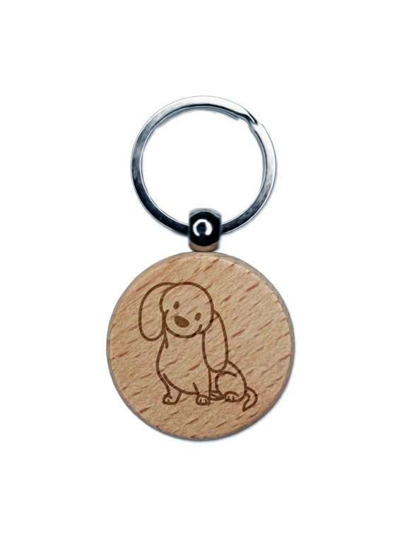 Dachshund Sitting Tilting Head Wiener Dog Round Keychain Charm Tag - Engraved Wood