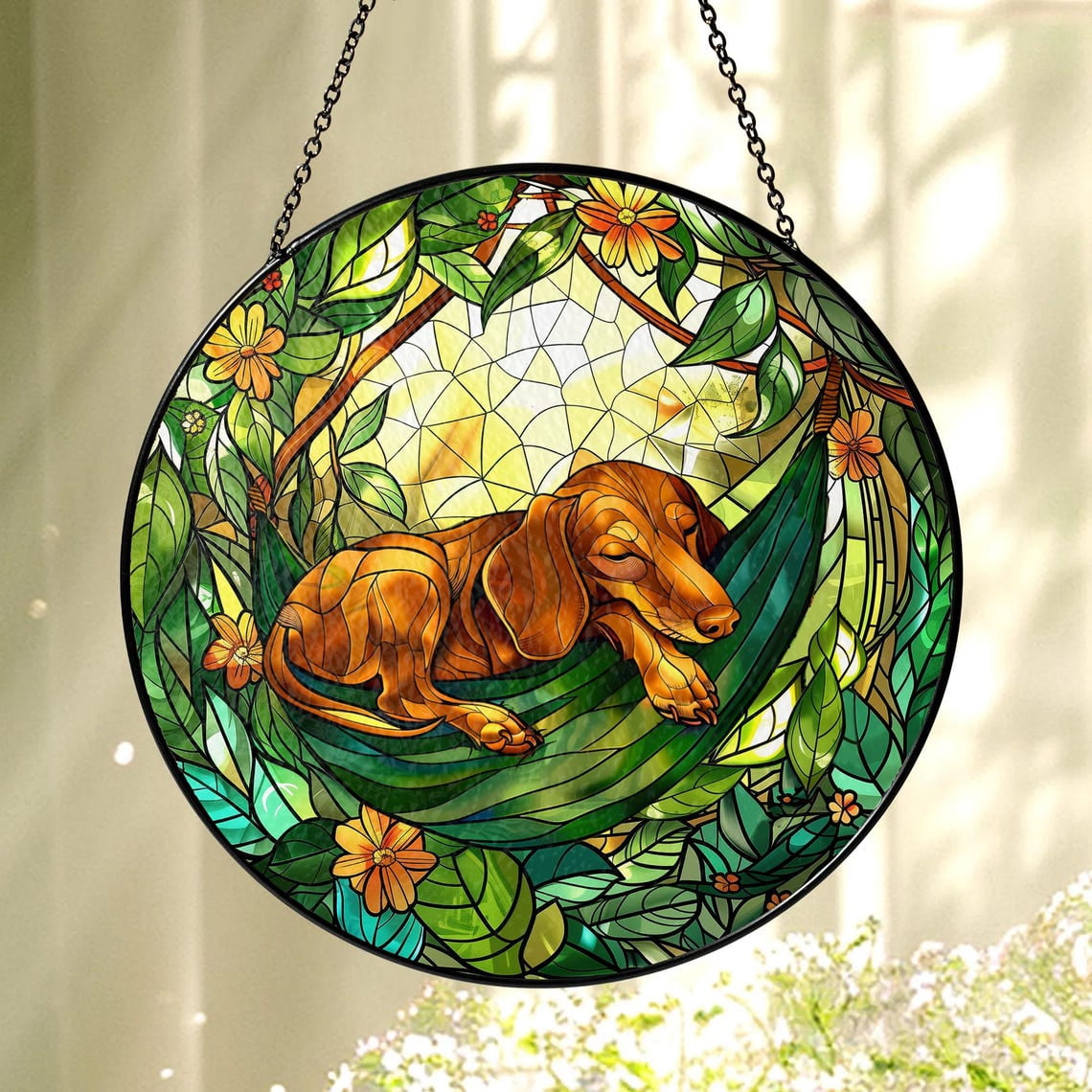 Dachshund Sleeping In A Hammock Glass Suncatcher, Dog Window Sign, 3.5 ...