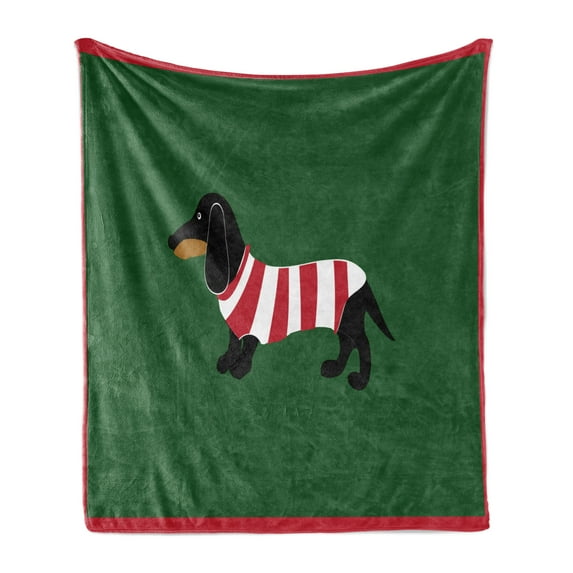 Dachshund Soft Flannel Fleece Blanket, Abstract Canine Cartoon Design Dachshund Puppy in Stripped Shirt Funny Character, Cozy Plush for Indoor and Outdoor Use, 60" x 80", Multicolor, by Ambesonne
