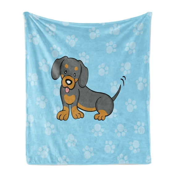 Dachshund Soft Flannel Fleece Blanket, Puppy Cartoon with Happy Expression on Its Face Paw Print Background, Cozy Plush for Indoor and Outdoor Use, 50" x 70", Blue Brown Dark Taupe, by Ambesonne
