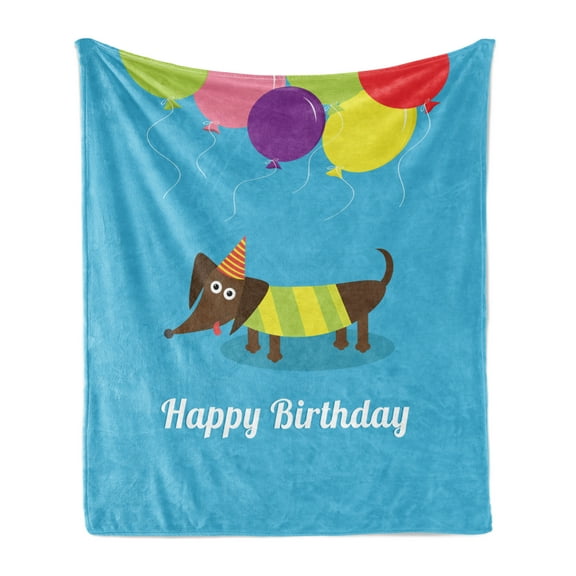 Dachshund Soft Flannel Fleece Throw Blanket, Dog and Balloons Happy Birthday Words Breed Canine Illustration, Cozy Plush for Indoor and Outdoor Use, 70" x 90", Multicolor, by Ambesonne