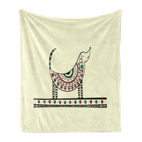 Dachshund Soft Flannel Fleece Throw Blanket, Dog Sketch with Geometric Elements Circles and Lines, Cozy Plush for Indoor and Outdoor Use, 50" x 60", Beige Red Fern Green, by Ambesonne