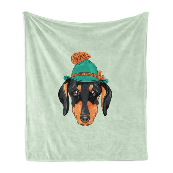 Dachshund Soft Flannel Fleece Throw Blanket, Hipster Pure Breed Dog Silhouette in a Green Tyrolean Hat Dachshund Puppy, Cozy Plush for Indoor and Outdoor Use, 60" x 80", Multicolor, by Ambesonne