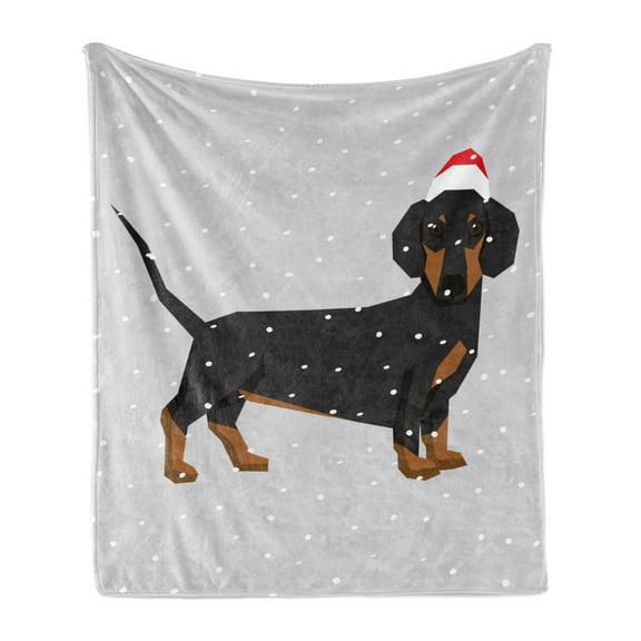 Dachshund Soft Flannel Fleece Throw Blanket, Low Poly Dog Wearing a Christmas Hat in Snow, Cozy Plush for Indoor and Outdoor Use, 50" x 60", Grey Dark Grey, by Ambesonne