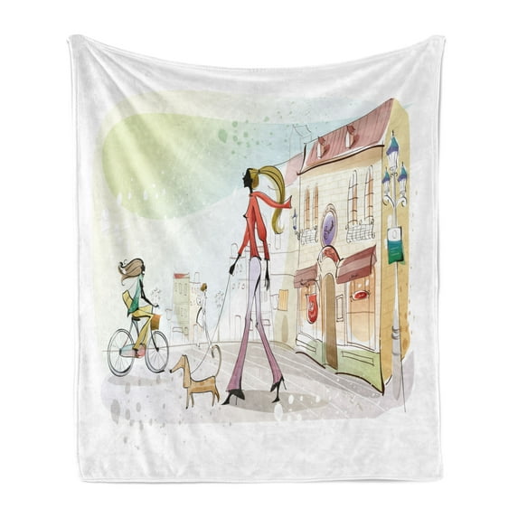 Dachshund Soft Flannel Fleece Throw Blanket, Modern Urban Scene Illustration with Woman Walking Her Dog in European City, Cozy Plush for Indoor and Outdoor Use, 60" x 80", Multicolor, by Ambesonne