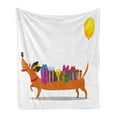 thumbnail image 1 of Dachshund Soft Flannel Fleece Throw Blanket, Nursery Themed Cartoon of Sausage Dog with Gift Boxes on Back and Balloon Tail, Cozy Plush for Indoor and Outdoor Use, 50" x 60", Multicolor, by Ambesonne, 1 of 6