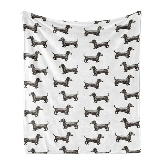 Dachshund Soft Flannel Fleece Throw Blanket, Pattern Lines with Sausage Dog Looking Different Directions, Cozy Plush for Indoor and Outdoor Use, 70" x 90", Dark Taupe Grey White, by Ambesonne