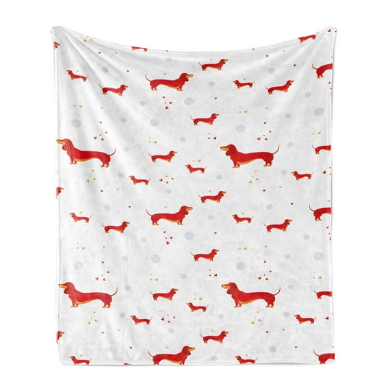Dachshund Soft Flannel Fleece Throw Blanket, Pet Lover Simplicity Sausage Dog with Hearts and Dots, Cozy Plush for Indoor and Outdoor Use, 50" x 60", Vermilion Pale Orange, by Ambesonne