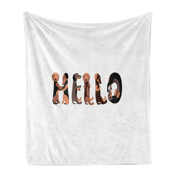 Dachshund Soft Flannel Fleece Throw Blanket, Dachshund Puppies Spelling the Word Hello Animal Font Design, Cozy Plush for Indoor and Outdoor Use, 60" x 80", Brown Caramel Taupe, by Ambesonne