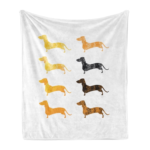 Dachshund Soft Flannel Fleece Throw Blanket, Vintage Dog Silhouettes with a Grunge Theme Domestic Pets Pattern, Cozy Plush for Indoor and Outdoor Use, 50" x 60", Marigold Black Orange, by Ambesonne