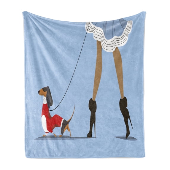 Dachshund Soft Flannel Fleece Throw Blanket, Woman with High Heels and Skirt Walk Her Clothes Dog, Cozy Plush for Indoor and Outdoor Use, 50" x 70", Multicolor, by Ambesonne