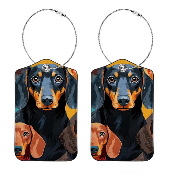 Dachshund Square PU Leather 2 Pack Travel Tag - Bag Tag - Suitcase Tag with Privacy Cover and Stainless Steel Ring - Suitable for Travel, Backpack, and Handbag