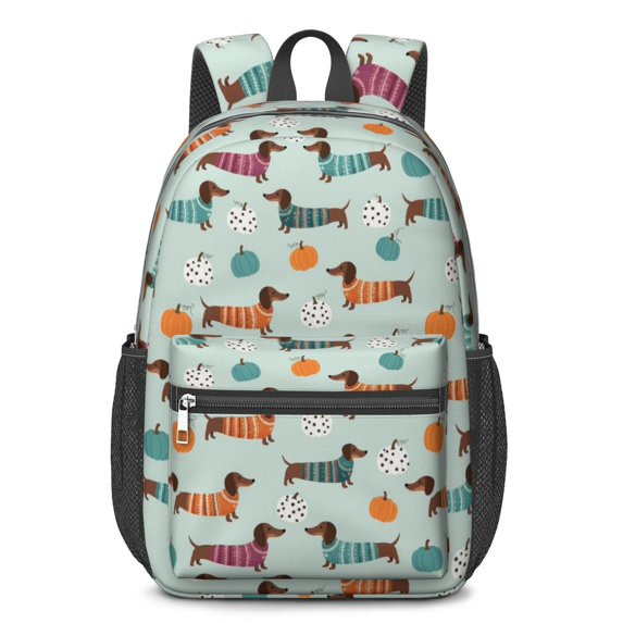 Dachshund Sweater and Pumpkin 17" Waterproof Oxford School Backpacks for Teens, S-Shape Padded Straps, for School, Travel, Hiking, Camping