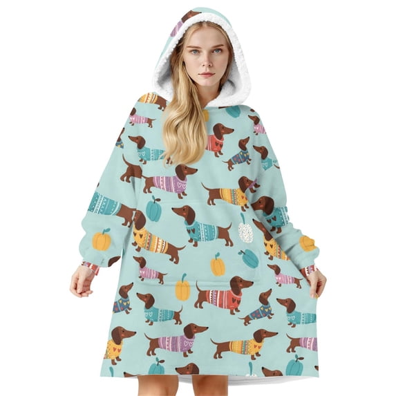 Dachshund Sweater and Pumpkin Oversized Sherpa Fleece Wearable Blanket Hoodie, Double-Sided Warm Fuzzy Pullover with Super Pockets for Women & Men