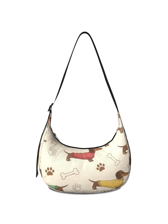 Dachshund in Sweaters Cream Pattern Hobo Shoulder Bag, Daily Shoulder Handbag with Adjustable Strap, Water Resistant Gift Ideas for Holiday Birthday Gifts