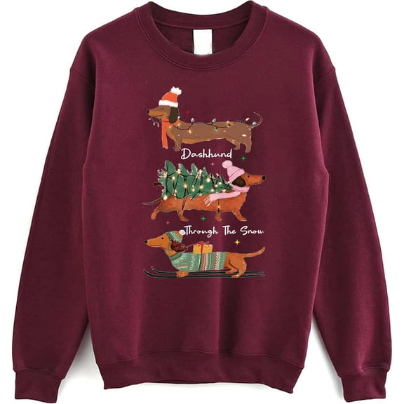 Dachshund Through The Snow Christmas Sweatshirt, Cute Doxie Holiday Crewneck Pullover