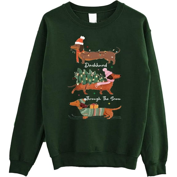 Dachshund Through The Snow Christmas Sweatshirt, Cute Doxie Holiday Crewneck Pullover