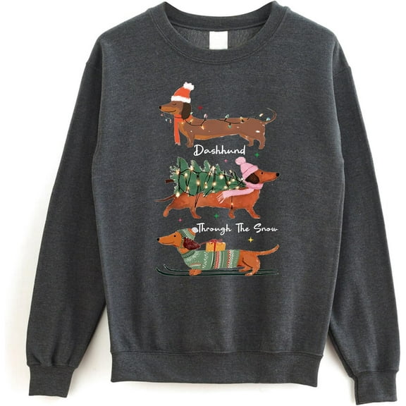 Dachshund Through The Snow Christmas Sweatshirt, Cute Doxie Holiday Crewneck Pullover