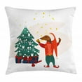 thumbnail image 1 of Dachshund Throw Pillow Cushion Cover, Christmas Themed Cartoon Style Humanized Dog in Clothes and Xmas Tree with Gifts, Decorative Square Accent Pillow Case, 24" X 24", Multicolor, by Ambesonne, 1 of 2