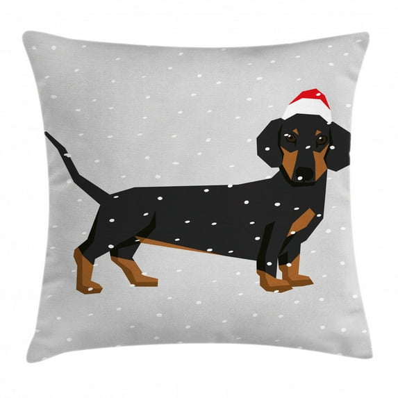 Dachshund Throw Pillow Cushion Cover, Low Poly Cute Dog Wearing a Christmas Hat in Snow, Decorative Square Accent Pillow Case, 18" X 18", Pale Grey Dark Grey Pale Caramel Vermilion, by Ambesonne